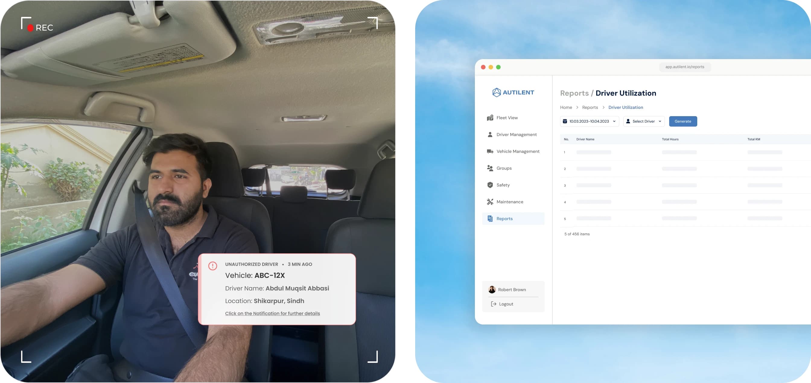 Left: a driver inside a vehicle with a vehicle-info overlay card. Right: the Autilent web dashboard showing a Driver Utilization report.