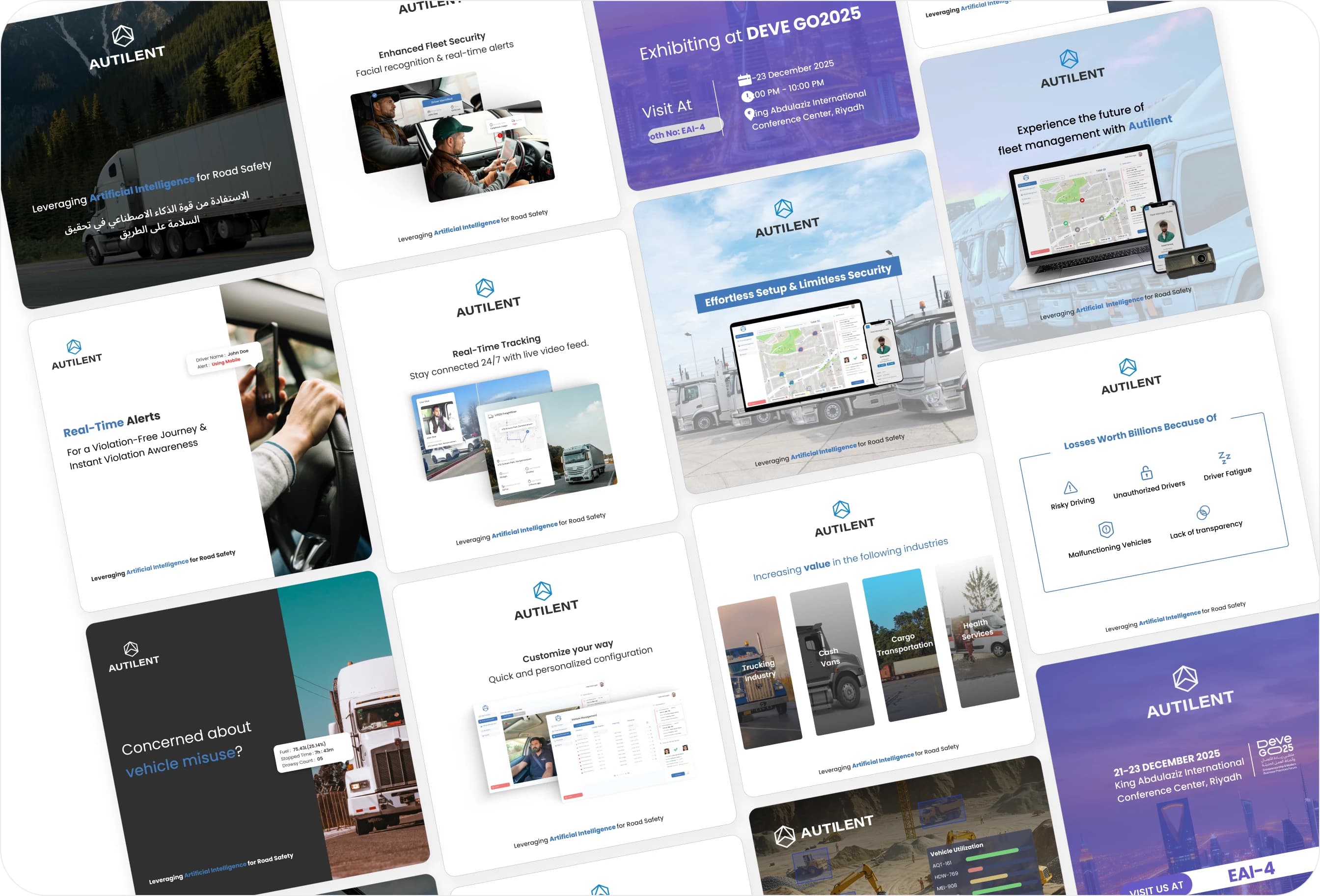 Grid of Autilent brand and product mockups — branded slides, app screens, fleet and driver imagery and dashboard UI.