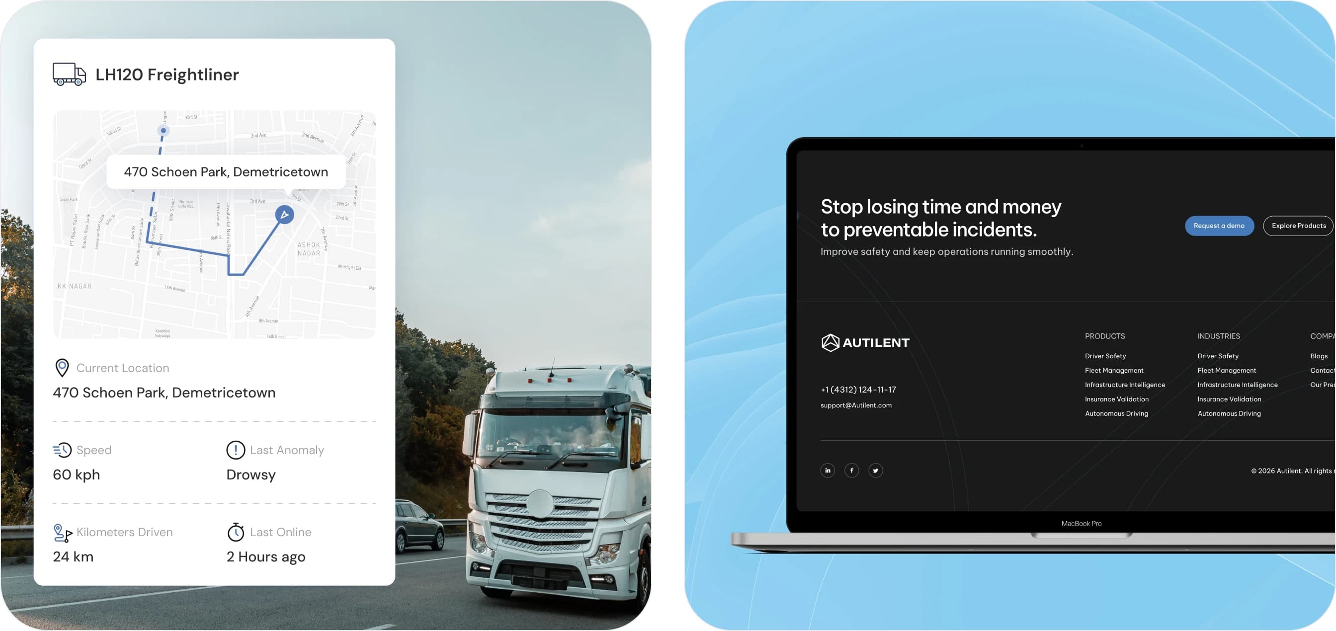 Left: a mobile freight-tracking screen with a map and a truck photo. Right: the Autilent landing-page hero on a teal-blue gradient reading 'Stop losing time and money to preventable incidents.'