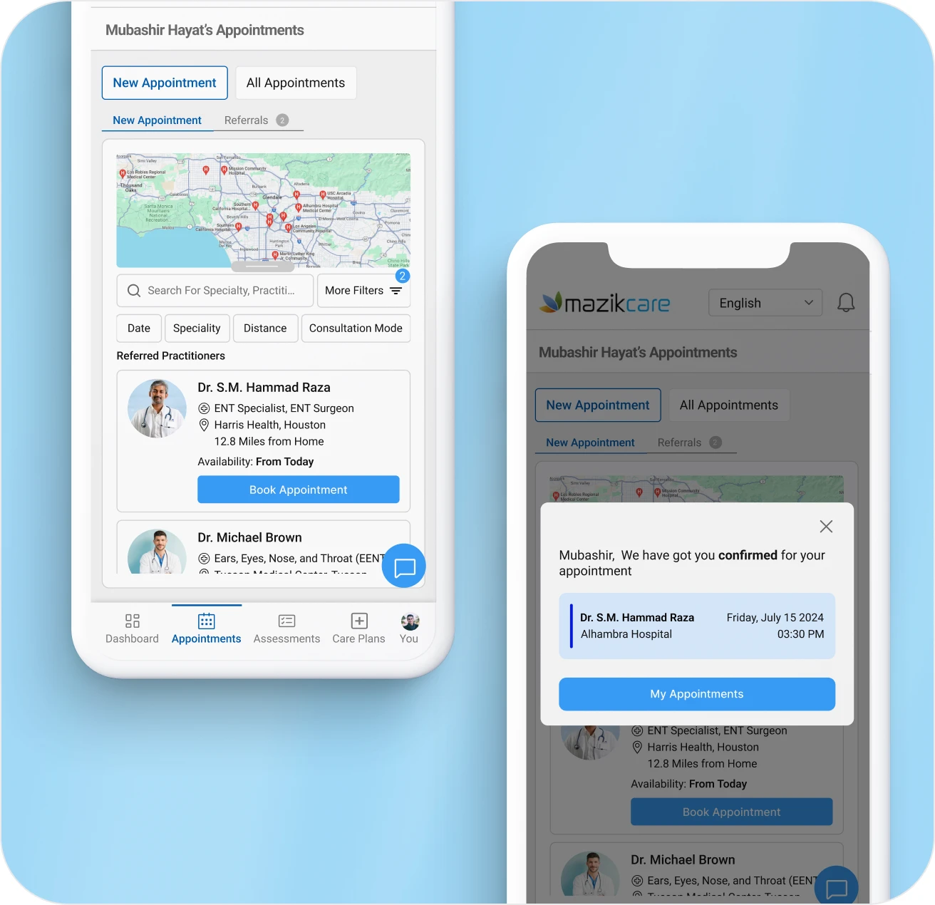 Mazik Care mobile app screens on phone mockups over a blue gradient.