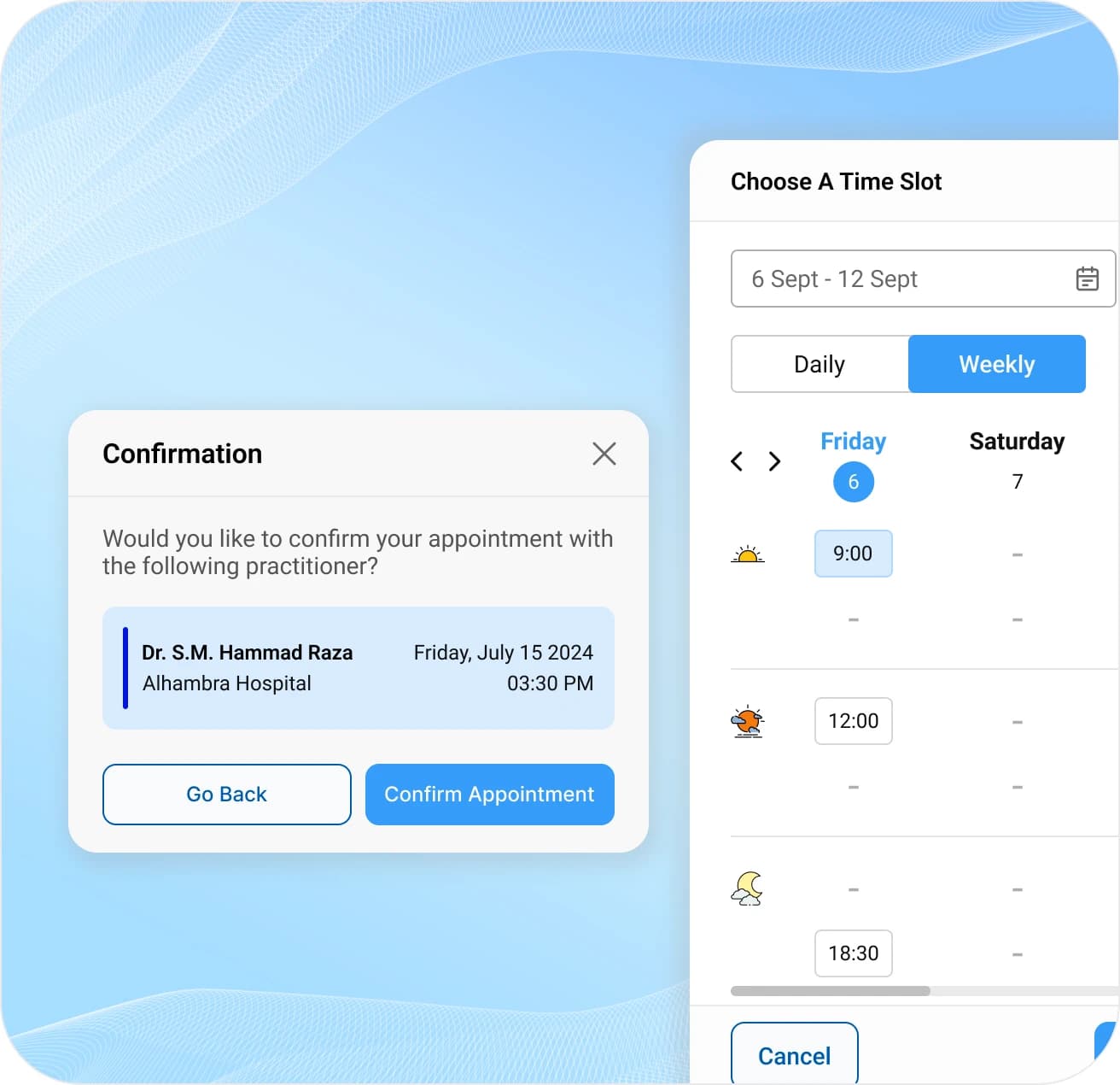 Mazik Care patient weekly dashboard cards on a soft blue gradient.
