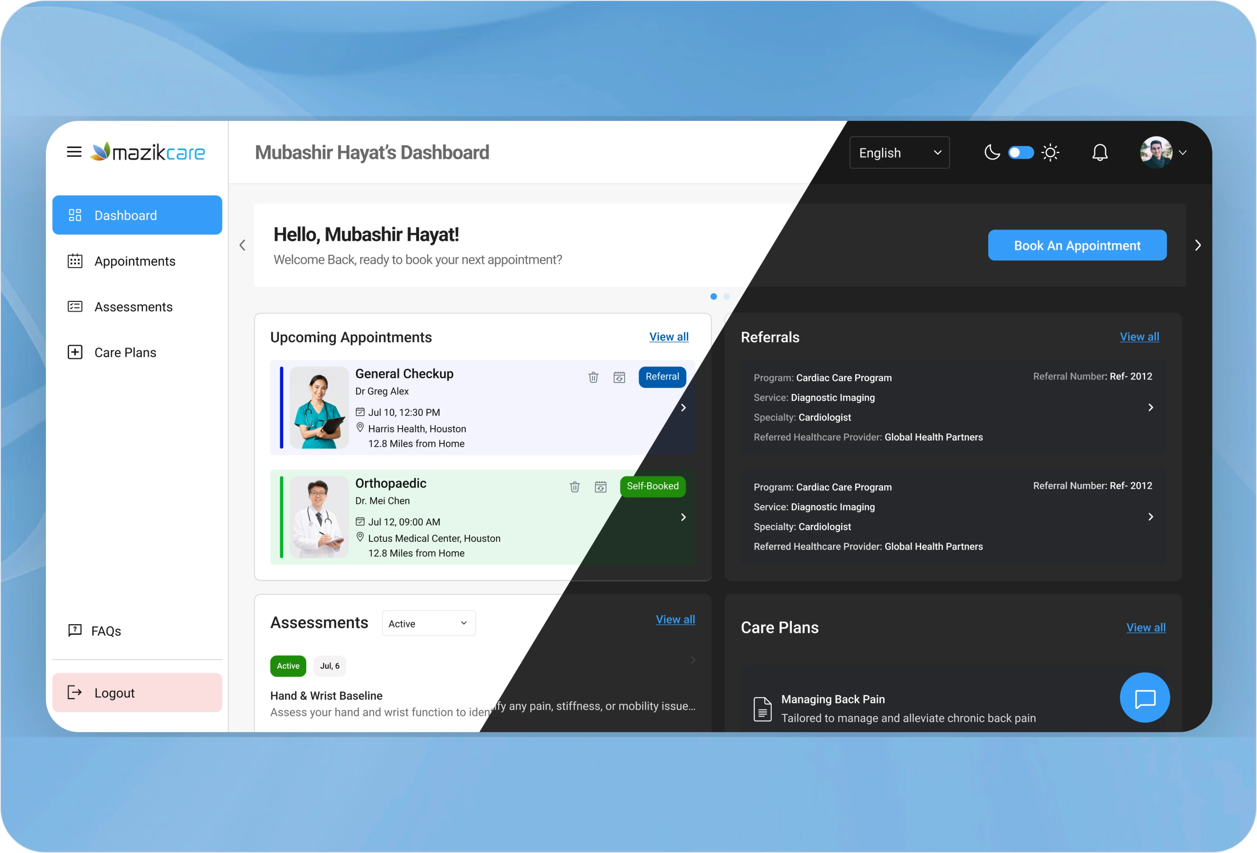 Mazik Care brand hero — soft blue abstract gradient backdrop with the platform UI showcase.