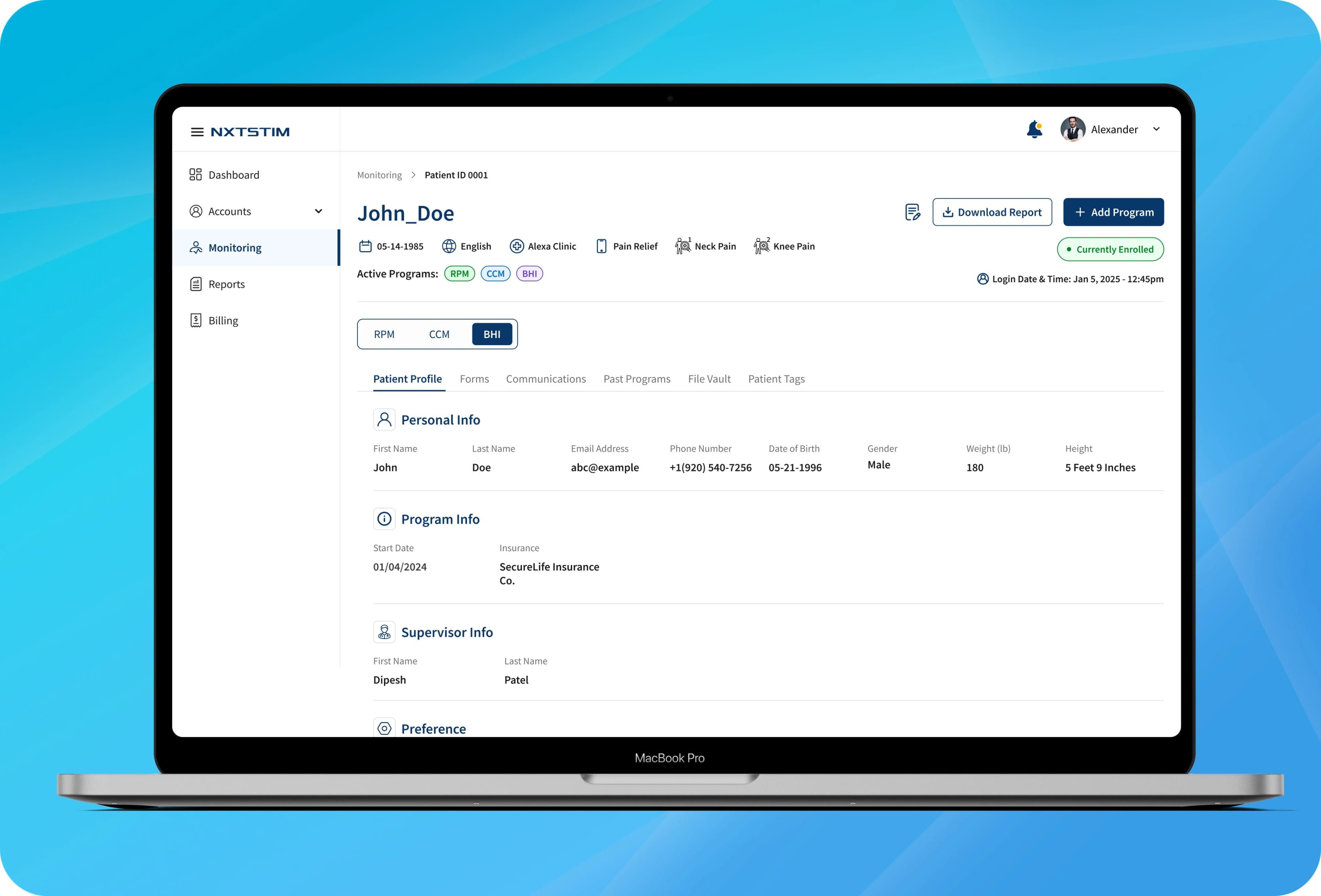 NXTSTIM remote patient-monitoring dashboard shown on a laptop