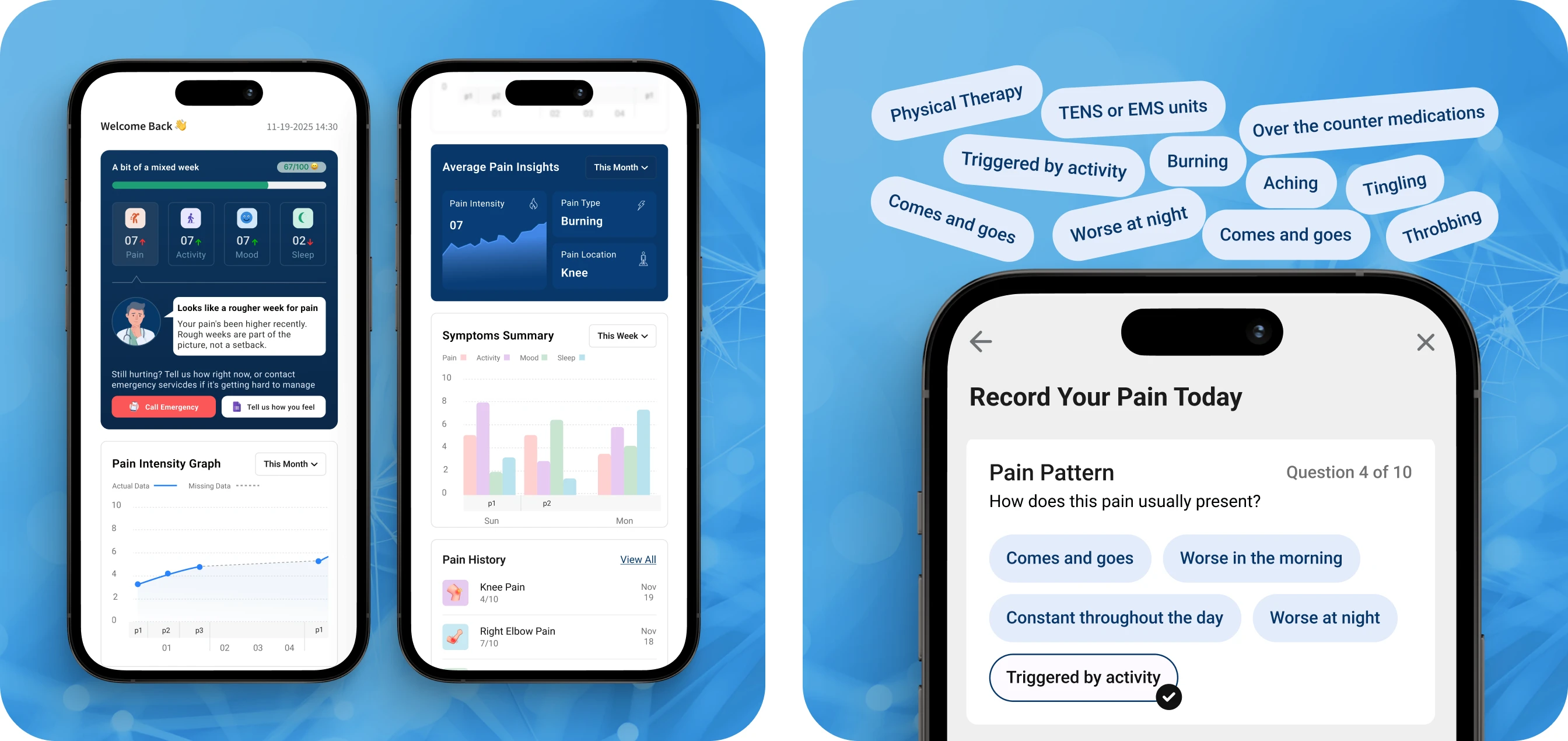 NXTSTIM patient mobile app screens on a blue backdrop