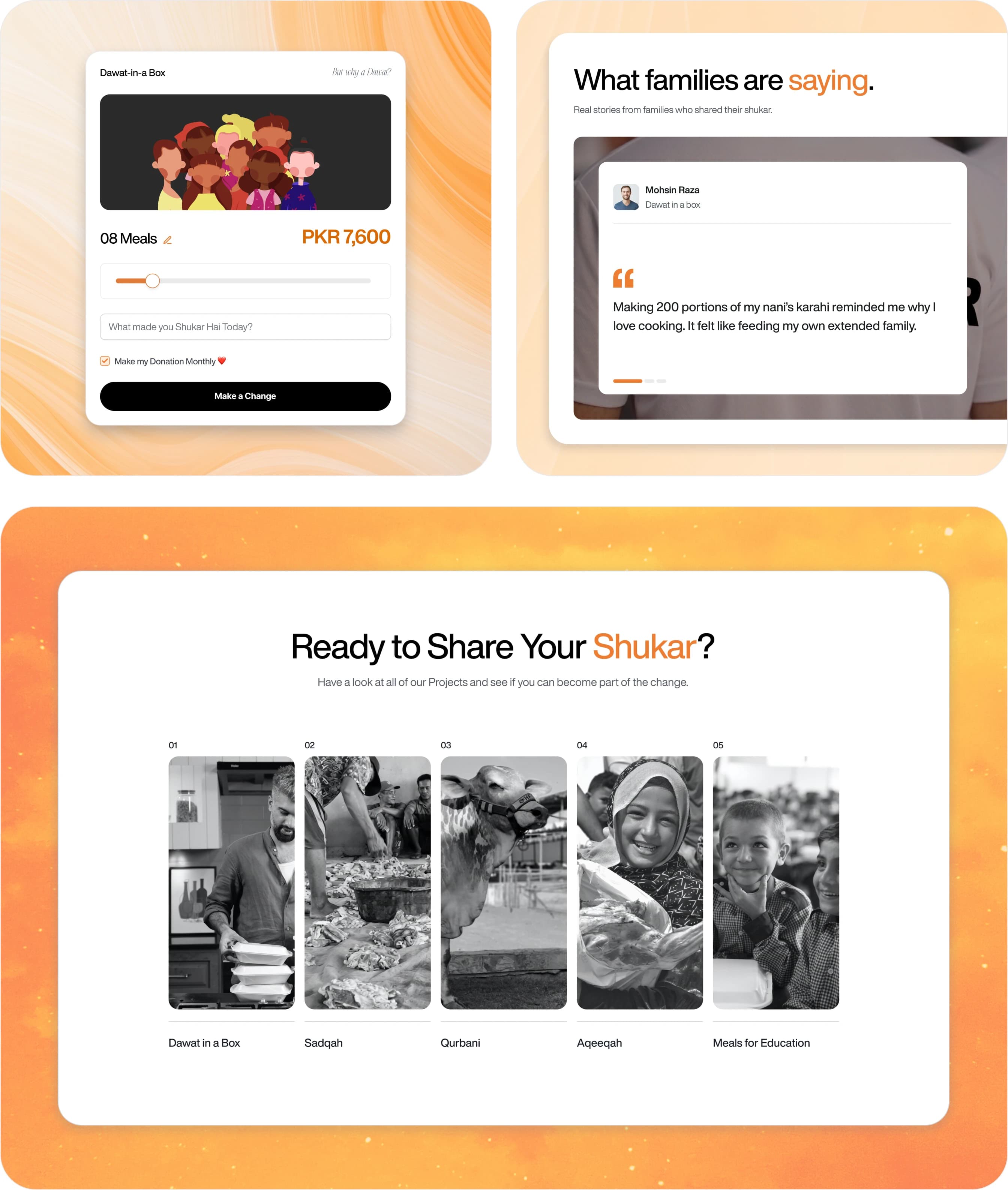 Shukar Hai app screens — a 'Dawat in a Box' meal-selection card and a 'What families are saying' testimonial card, above a 'Ready to Share Your Shukar?' project grid showing Dawat in a Box, Sadqah, Qurbani, Aqeeqah and Meals for Education.