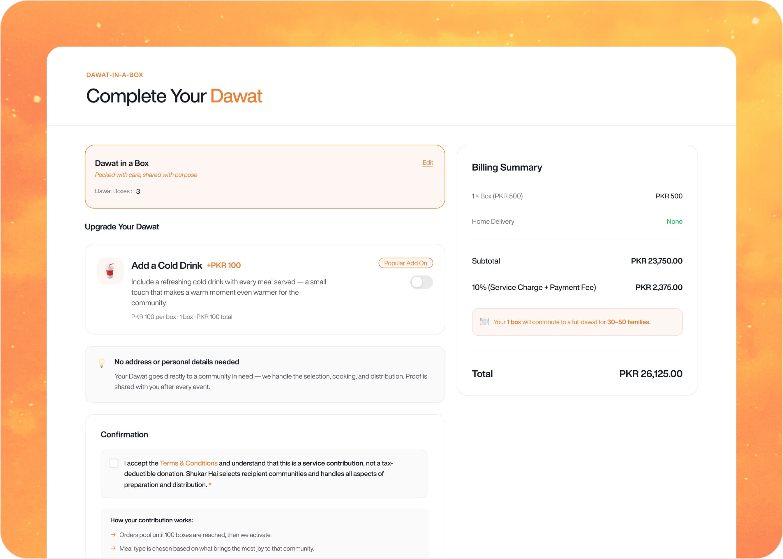 Shukar Hai 'Complete Your Dawat' checkout screen — order summary for 'Dawat in a Box' with an add-a-cold-drink upsell and a billing summary showing subtotal, charges and total in PKR.