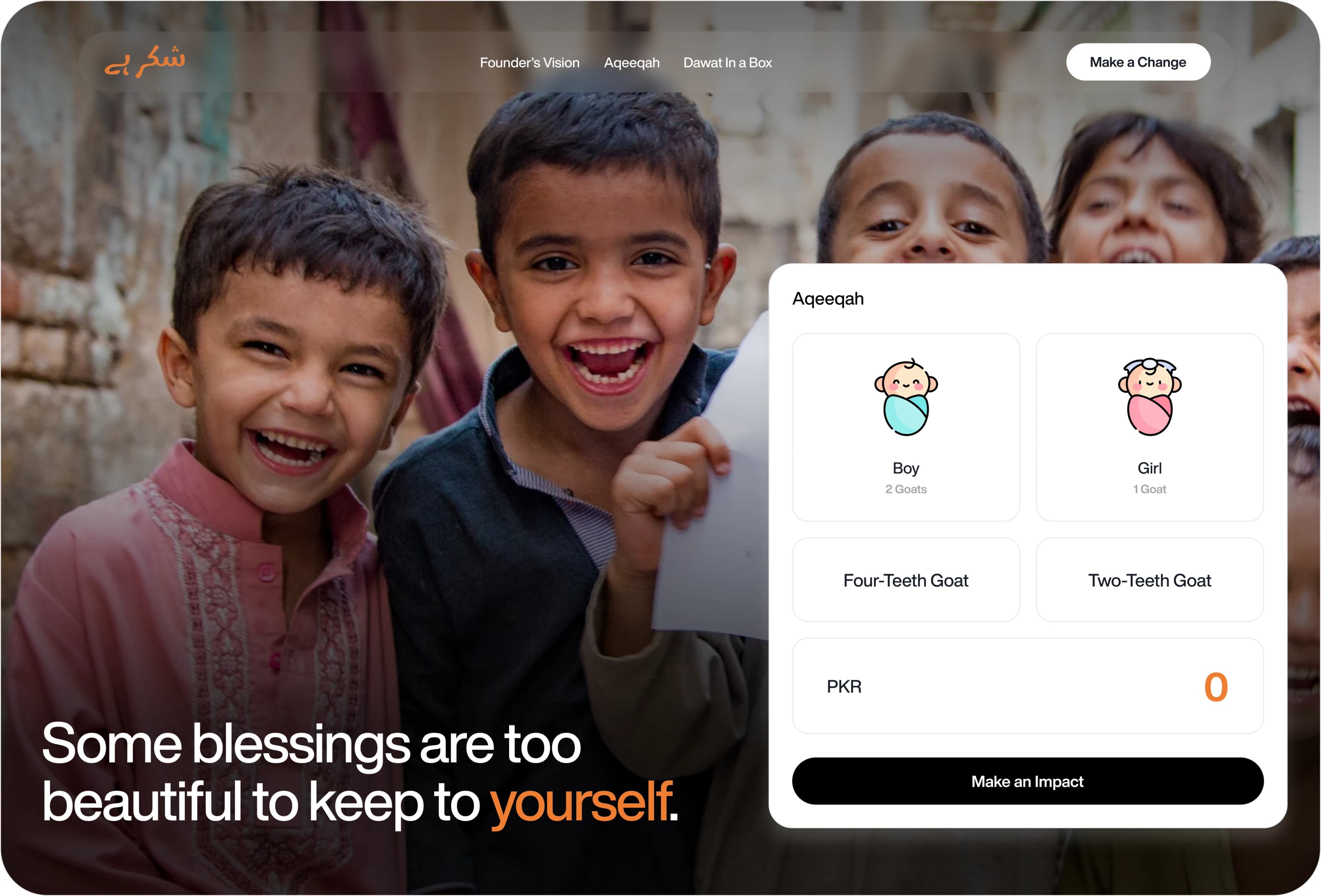 Shukar Hai donation app hero — smiling children in a village with a 'Qurbani & Aqeeqah' selection card and the headline 'Some blessings are too beautiful to keep to yourself.'