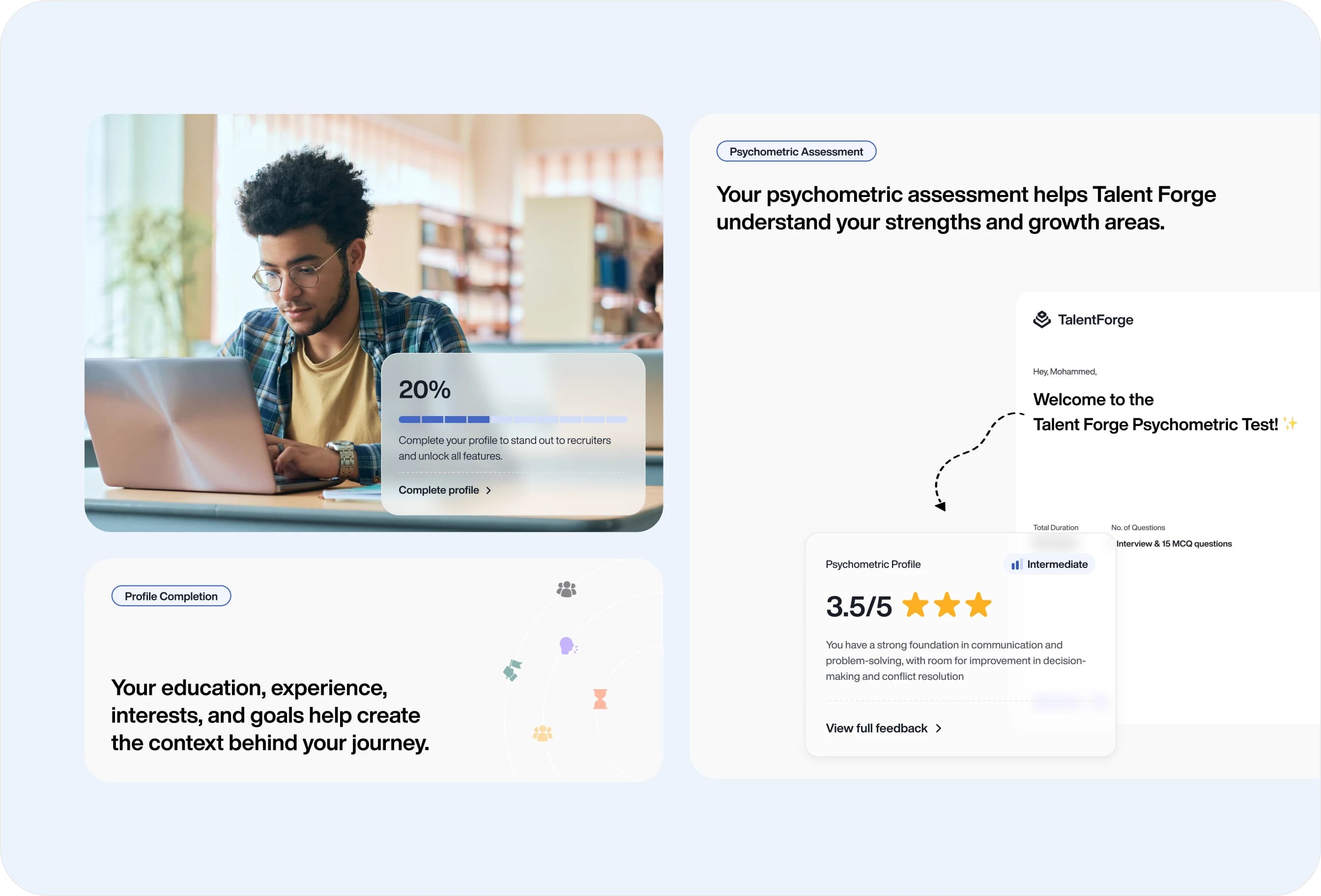 A learner studying on a laptop with a 20% profile-completion overlay, beside a 'Talent Forge Psychometric Test' result card showing a 3.5 out of 5 score.