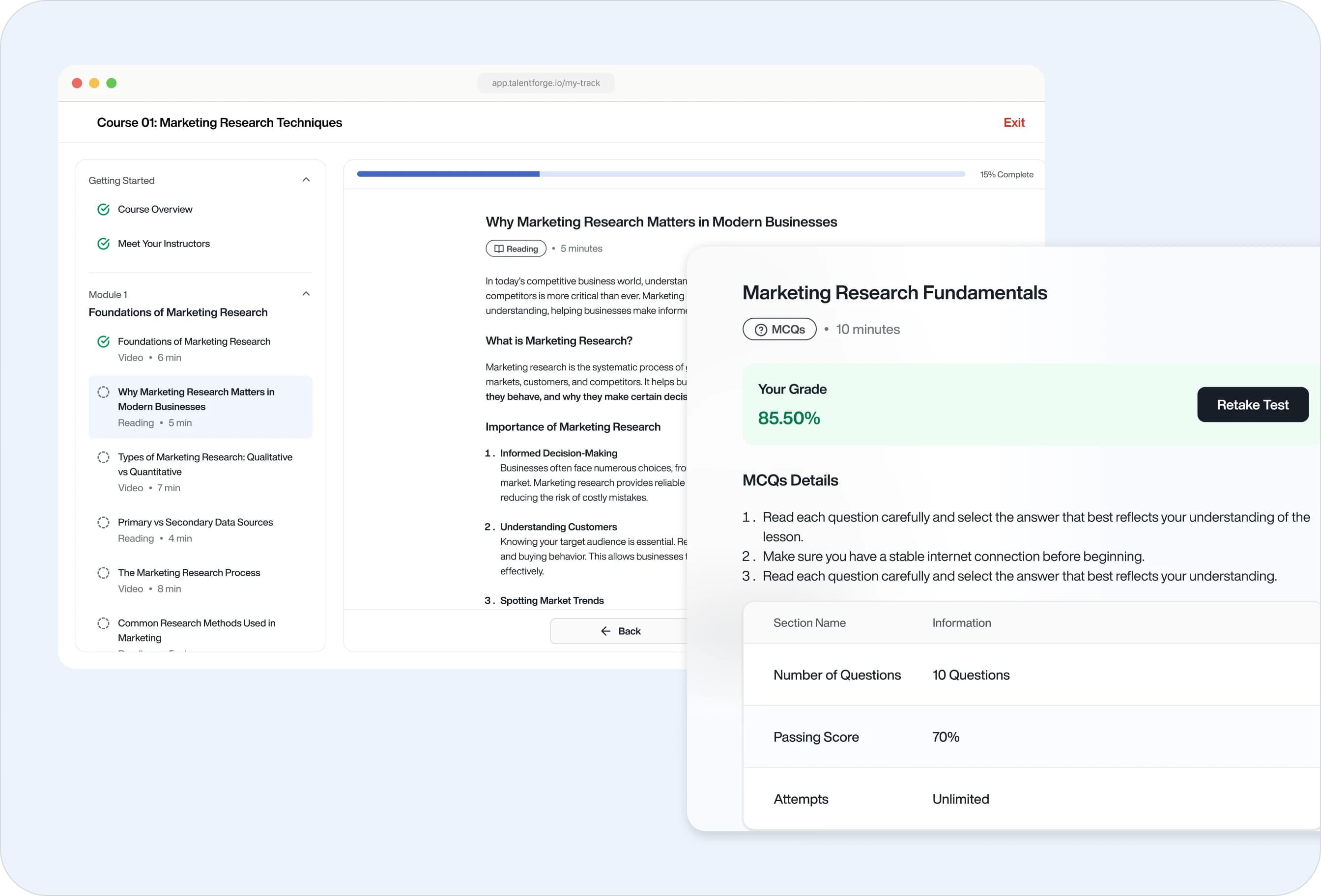 Course player for 'Marketing Research Techniques' with a lesson sidebar and reading pane, beside a quiz-results card showing an 85.5% grade and a 'Retake Test' button.