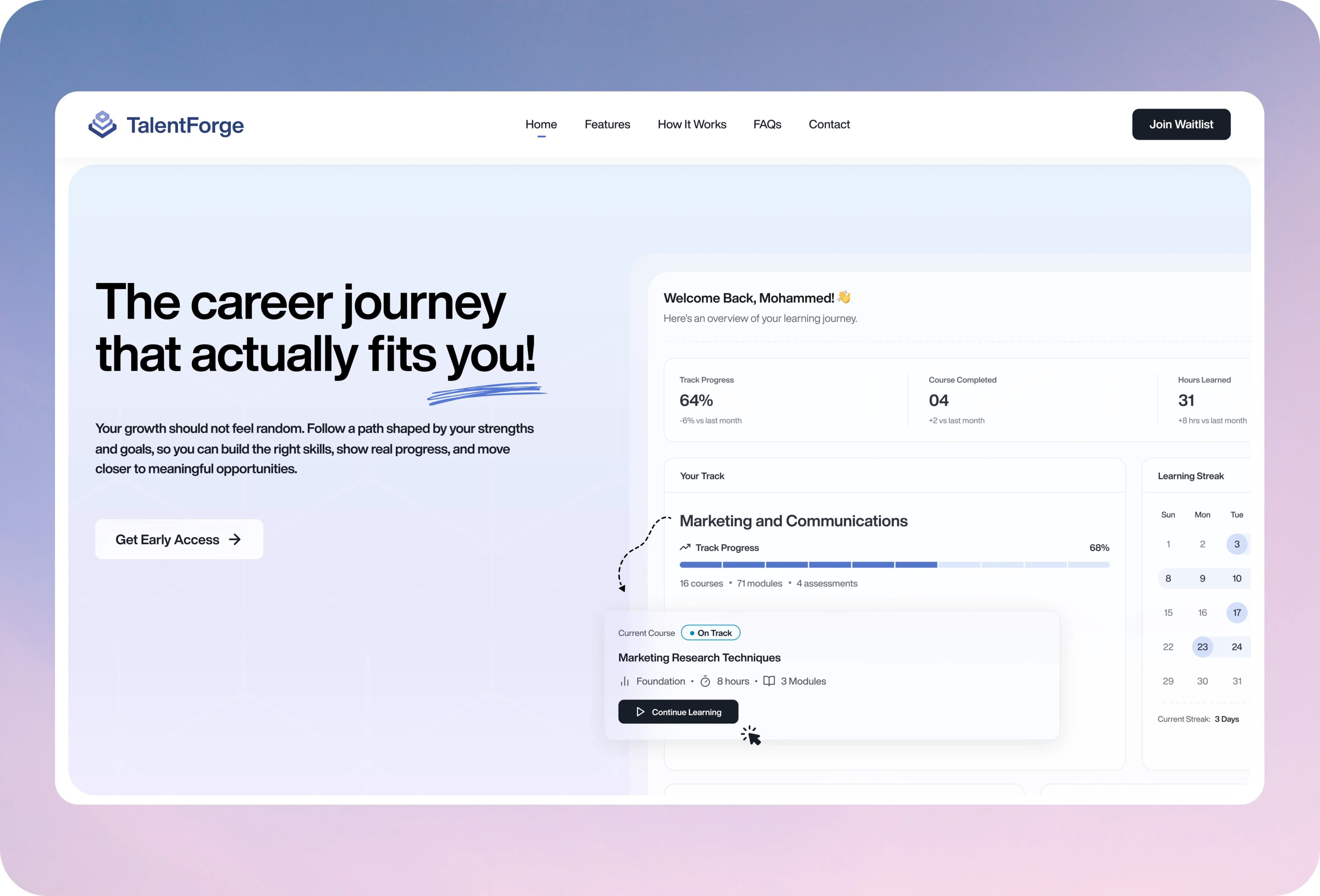 TalentForge career platform landing page with the headline 'The career journey that actually fits you!' beside a learner dashboard preview.